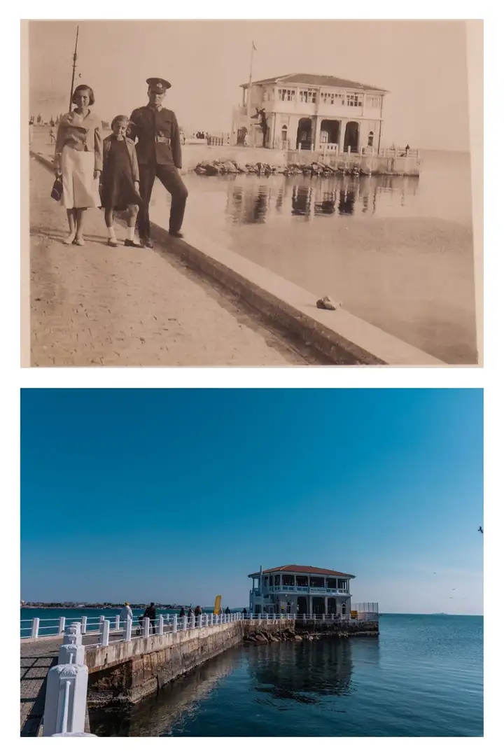 Bir askerin, eşi ve kız çocuğuyla birlikte çektirdiği, tarihi Kadıköy Moda İskelesi'nin öncesi ve sonrası fotoğraflarını inceleyebilirsiniz